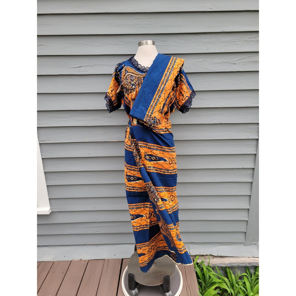 Vintage African Wax Print 3 Piece Wrap Skirt Iro Dashiki Buba Set Blue Orange XL